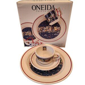 Oneida Holiday Harbor 3-piece setting winter village scene by Carol Eldridge.